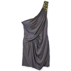 La Femme One Shoulder Beaded Draped Mini Cocktail Semi Formal Dress